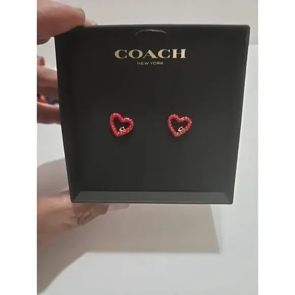 New Coach Faux Stone Pave Heart Red Stud Earrings Holiday Christmas Box - Picture 4 of 7